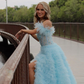 Sky Blue Princess Slit Evening Dress Feathers Straps Tulle Beaded Tiered Long Prom Dress SH1051