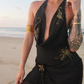 Sexy Black Sheath Halter Pleated Beaded Chiffon Vacation Dress Outfits SH3894