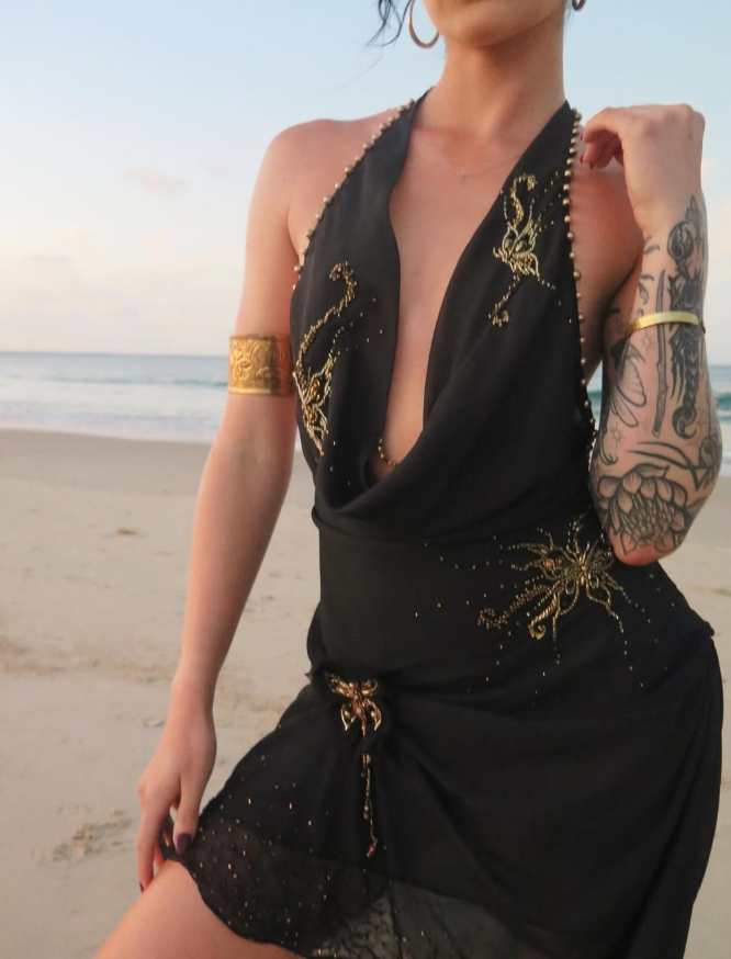 Sexy Black Sheath Halter Pleated Beaded Chiffon Vacation Dress Outfits SH3894