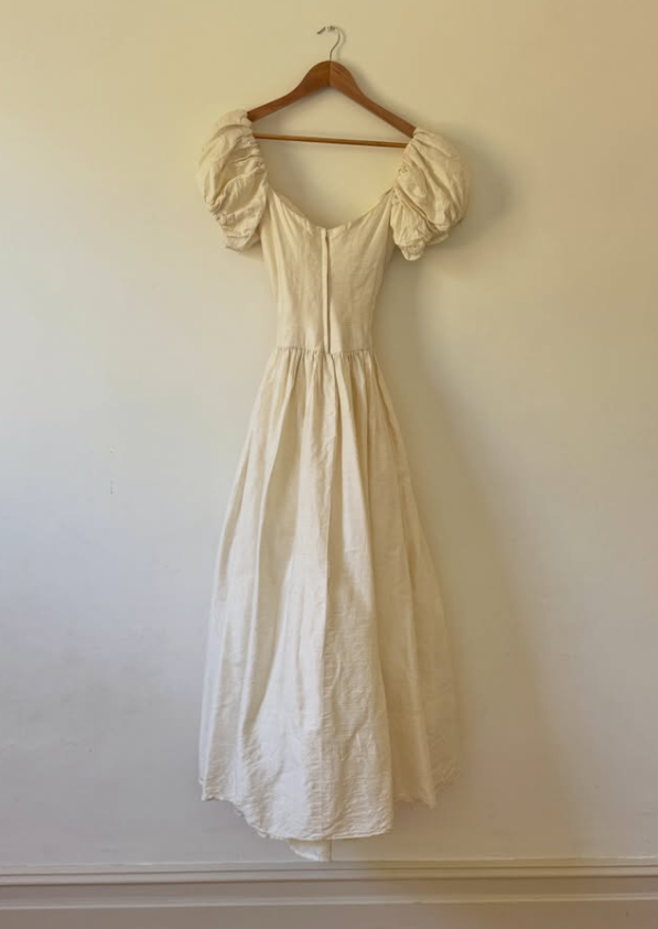 Vintage A Line Puff Sleeve Light Apricot Pleated Satin Wedding Dress SH8470