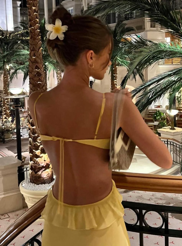 Ruffle Mermaid Spaghetti Straps Yellow Chiffon Satin Open Back Prom Dress Evening Dress SH3289