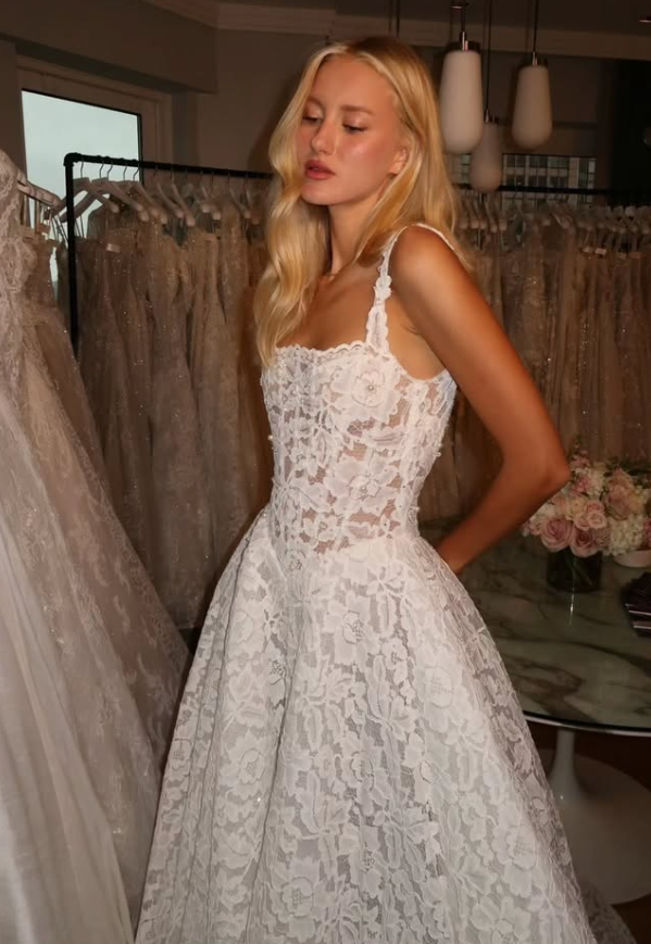 High-class A Line Spaghetti Strap White Lace Long Wedding Dress SH6195