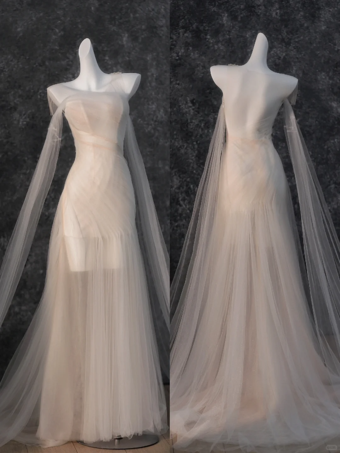 Dreamy Flowy Pleated Dark Ivory Tulle Long Date Dress Evening Dress Prom Dress SH3444