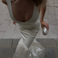 White Elegant Mermaid V Neck Satin Long Prom Dress Wedding Dress SH4616