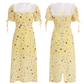 Cute A Line Puff Print Floral Lace Yellow Chiffon Summer Dress Party Dress Outfits SH4175