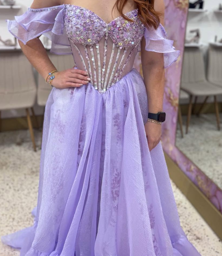 Princess Purple A Line Off the Shoulder Beaded Corset Tulle Prom Dress Party Evening Dress SH7250