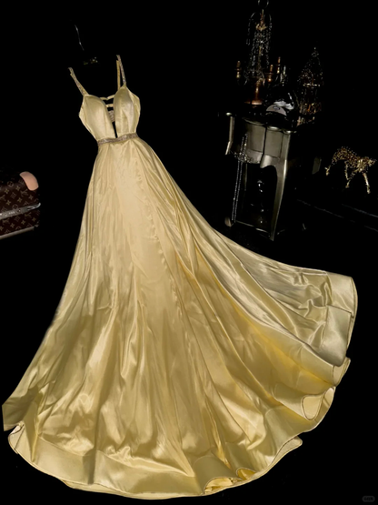 Vintage Yellow Beaded Simple Satin Prom Dress Party Evening Dress SH5894
