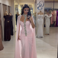 Light Pink Sheath Halter Rhinestone Pleated Chiffon Long Prom Dress Evening Dress SH4799