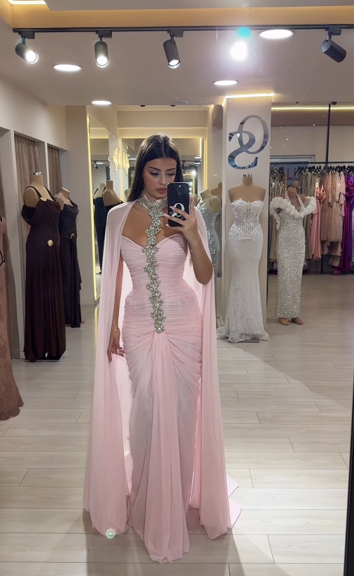 Light Pink Sheath Halter Rhinestone Pleated Chiffon Long Prom Dress Evening Dress SH4799