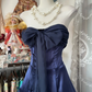 Navy Blue Vintage A Line Strapless Bow Chiffon Satin Graduation Prom Dress SH5377