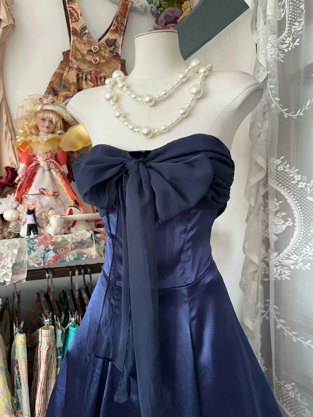 Navy Blue Vintage A Line Strapless Bow Chiffon Satin Graduation Prom Dress SH5377