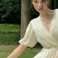 Simple A Line Puff V Neck Satin Long Prom Dress Birthday Dress Outfits SH3973