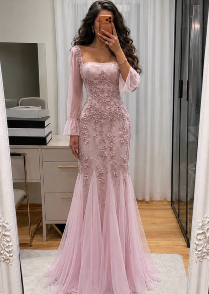 Luxurious Mermaid Long Sleeve Beaded Light Pink Tulle Long Prom Dress Evening Dress SH8948