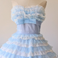 Vintage Blue Ball Gown Sweetheart Neck Layered Lace Tulle Prom Dress 16th Birthday Dress SH3862