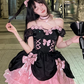 Black-pink Cute Ball Gown Off the Shoulder Bow Satin Tulle Short Prom Dress Homecoming Dress SH6438