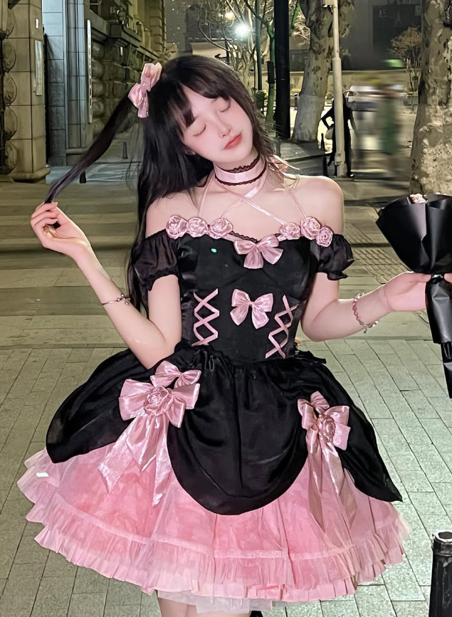 Black-pink Cute Ball Gown Off the Shoulder Bow Satin Tulle Short Prom Dress Homecoming Dress SH6438