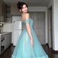 Blue A Line Off the Shoulder Tulle Prom Dress Wedding Guest Dress SH4744