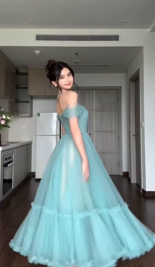 Blue A Line Off the Shoulder Tulle Prom Dress Wedding Guest Dress SH4744