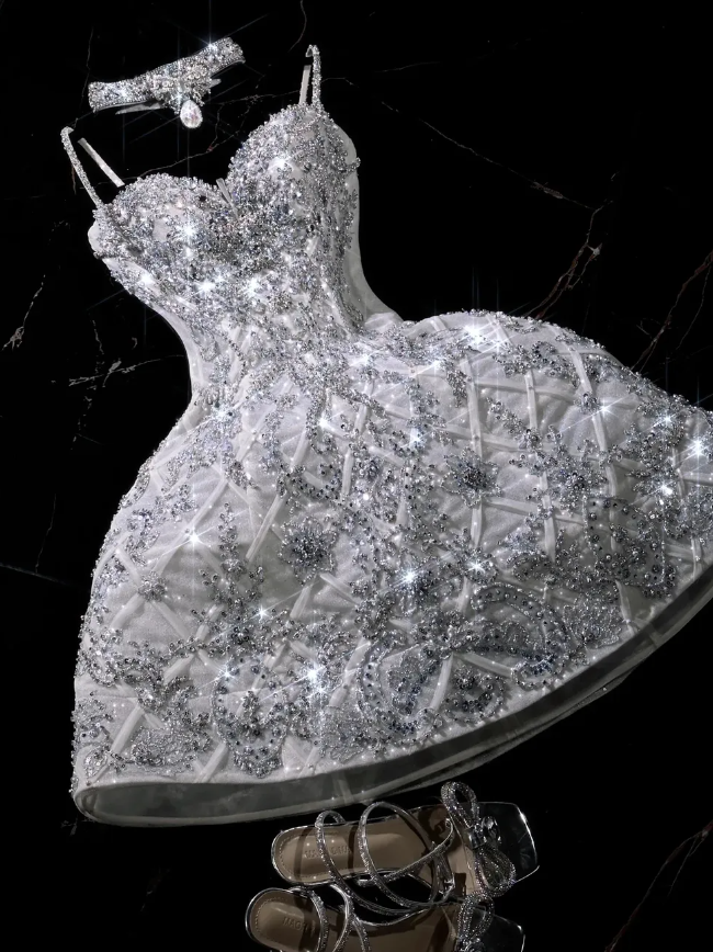 Shiny A Line Spaghetti Strap Rhinestone Tulle Short Prom Dress Graduation Prom Dress SH2464