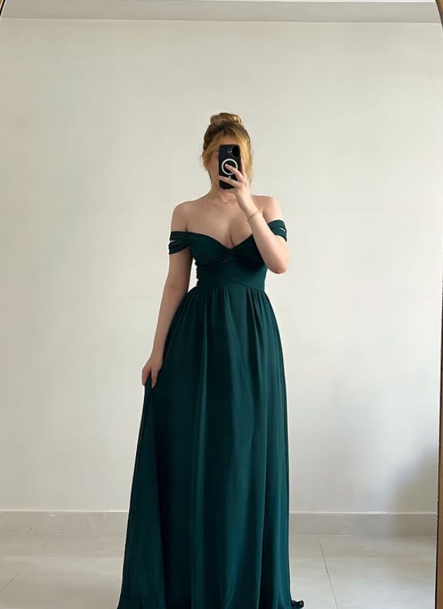 Vinatage Elegant A Line Off the Shoulder Dark Green Satin Long Prom Dress Evening Dress SH6869