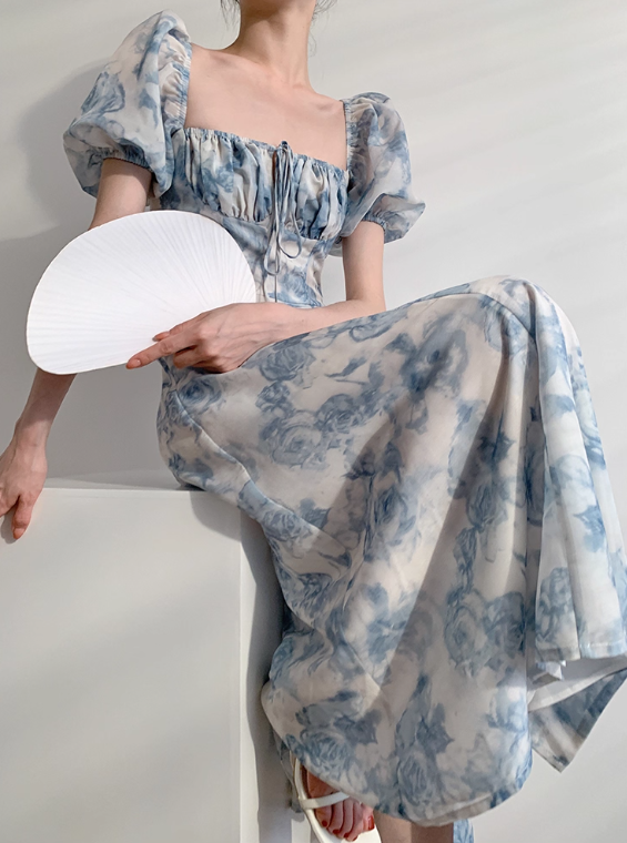 Blue Rose A Line Puff Chiffon Prom Dress Outfits with Slit SH4729