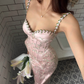Two Piece Pink Sheath Strap Embroidery Satin Tulle Prom Dress Evening Dress SH8556