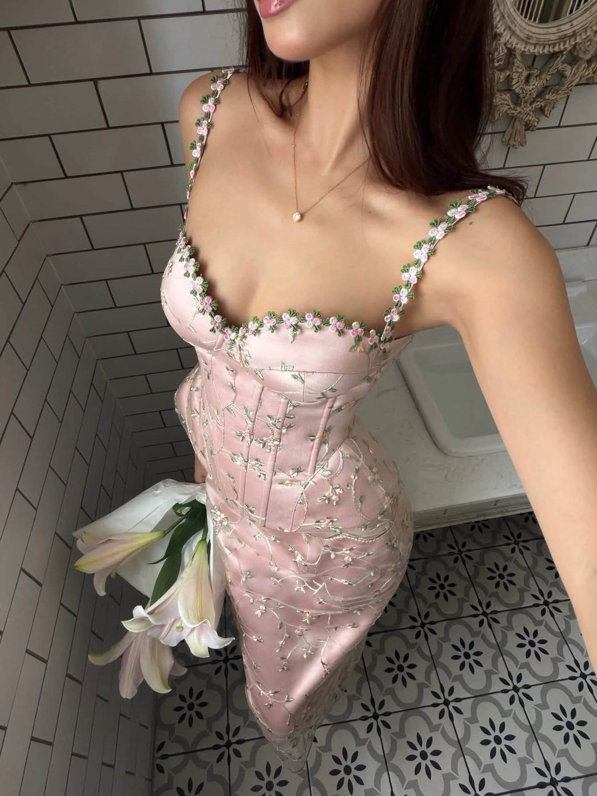 Two Piece Pink Sheath Strap Embroidery Satin Tulle Prom Dress Evening Dress SH8556