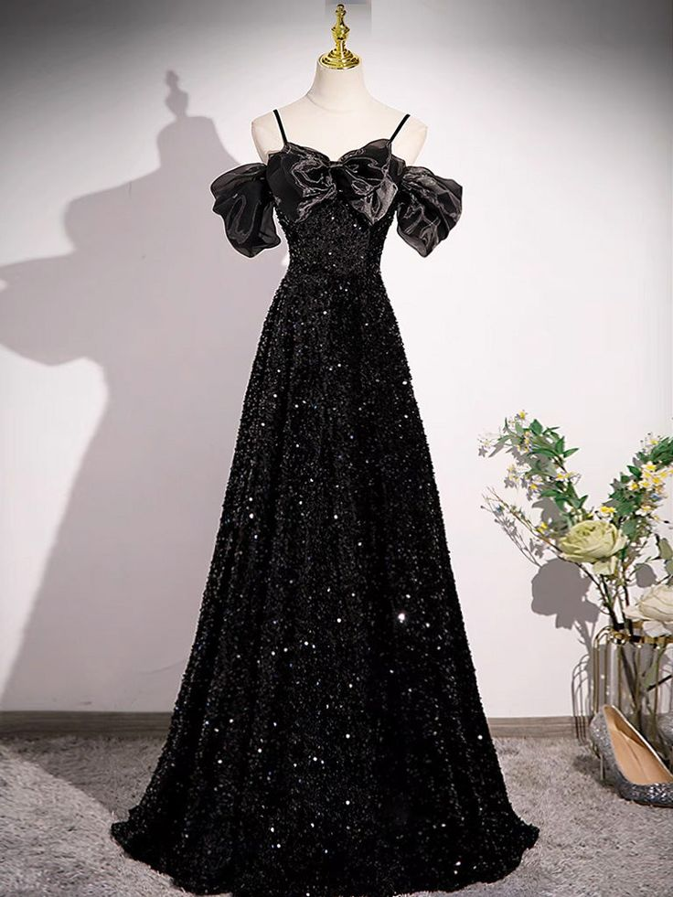 Black Off Shoulder Sequin Long Prom Dress Evening Dress With Bow Knot