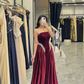 Pretty Burgundy A Line Strapless Beaded Velvet Satin Long Prom Dress Wedding Guest Dress SH5407