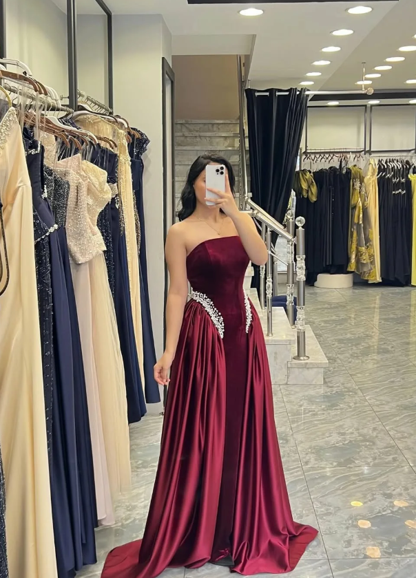 Pretty Burgundy A Line Strapless Beaded Velvet Satin Long Prom Dress Wedding Guest Dress SH5407