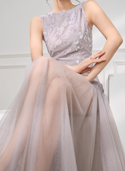 Purple A Line Round Neck Print Floral Tulle Satin Prom Dress Outfits SH4733