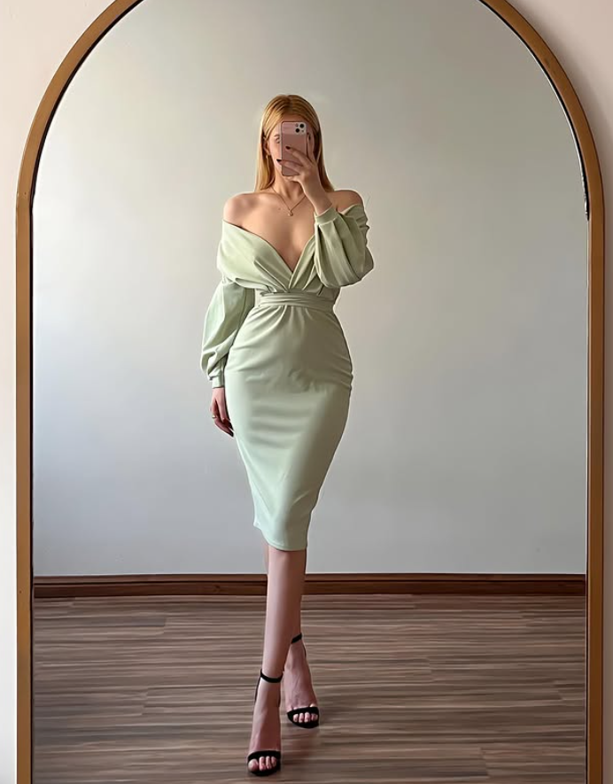 Light Green Sheath Long Sleeve V Neck Satin Short Prom Dress Homecoming Dress SH9063