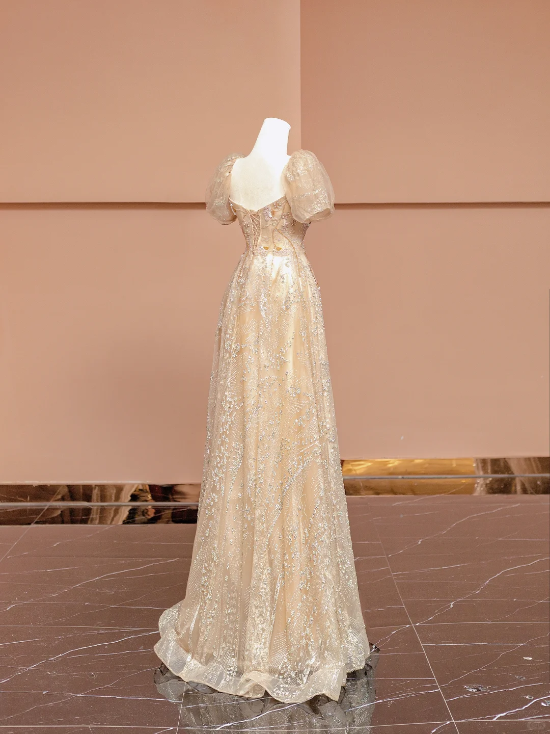 Pretty A Line Puff Beaded Sequin Champagne Tulle Long Prom Dress Party Dress SH4365