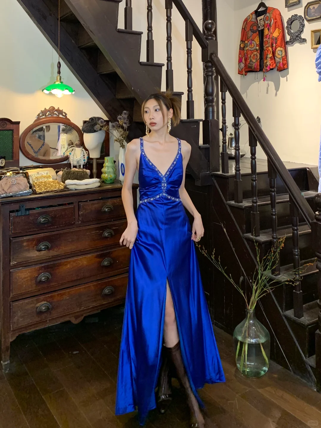 Vintage A Line Halter Beaded Dark Blue Satin Open Back Prom Dress Evening Dress with Slit SH3085