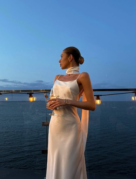 Simple White A Line Spaghetti Strap Satin Open Back Prom Dress Wedding Guest Dress SH4531