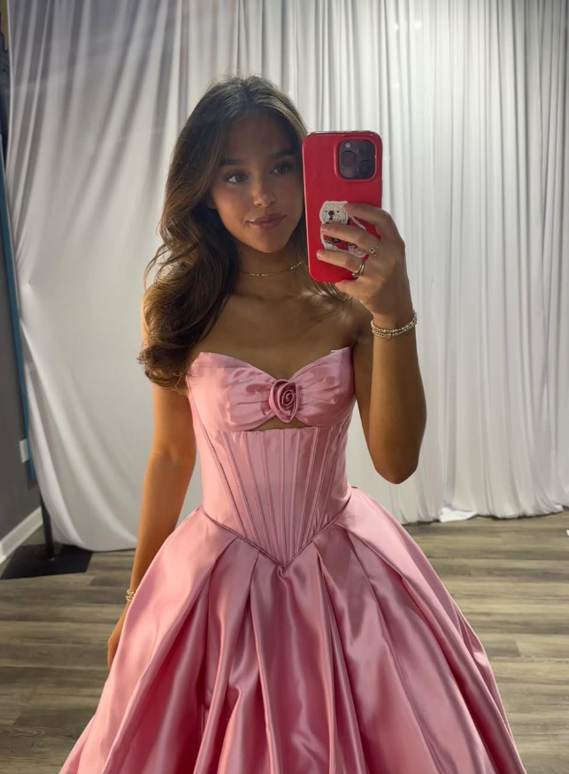 Pink Princess A Line Sweetheart Neck Satin Long Prom Dress Evening Dress SH6059