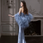 Blue Sheath Strapless Feather Rhinestone Satin Long Prom Dress 16th Birthday Dress SH4192