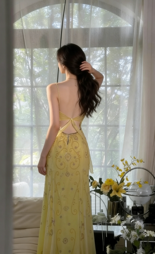 Gorgeous Yellow Spaghetti Strap A Line Chiffon Beaded Long Prom Dress SH2901