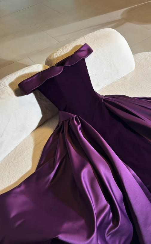 Elegant Purple A Line Off the Shoulder Velvet Satin Long Prom Dress Evening Dress SH6746