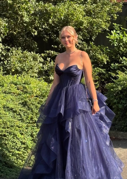 Navy Blue A Line Sweetheart Neck Sequin Ruffle Tulle Prom Dress Birthday Dress SH9018