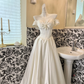 White Classy Ball Gown Off the Shoulder Pearl Satin Long Prom Dress Wedding Dress SH3857