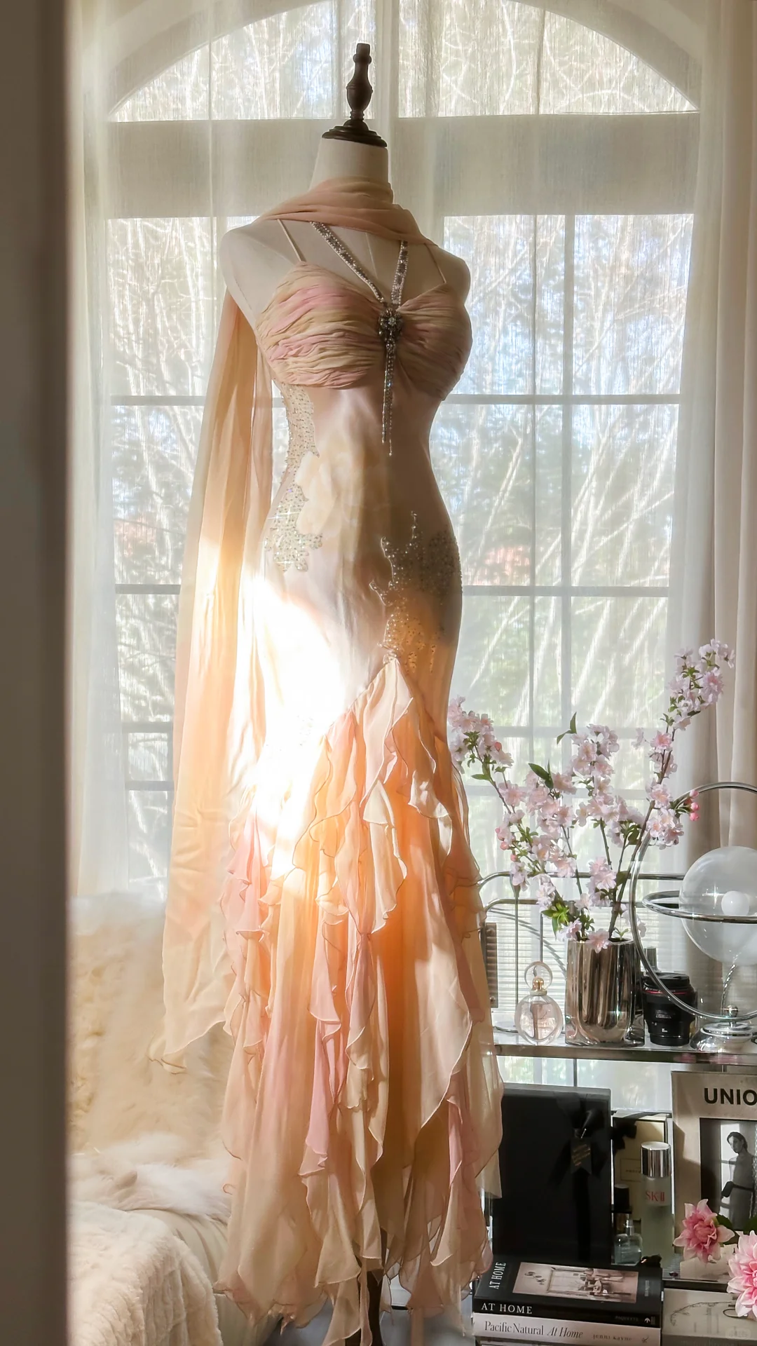 Fairy Mermaid Spaghetti Strap Beaded Ruffle Chiffon Long Prom Dress Evening Dress SH2981