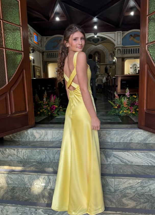 Simple Yellow A Line Spaghetti Strap Satin Date Dress Prom Dress Evening Dress Outfits SH3887