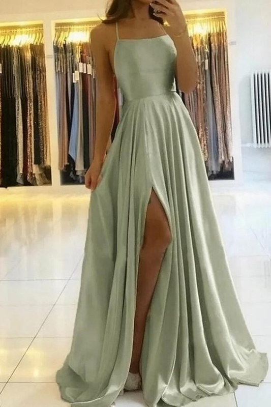 Simple A Line Sage Green Long Prom Dress With Slit Evening Party Dress KX79