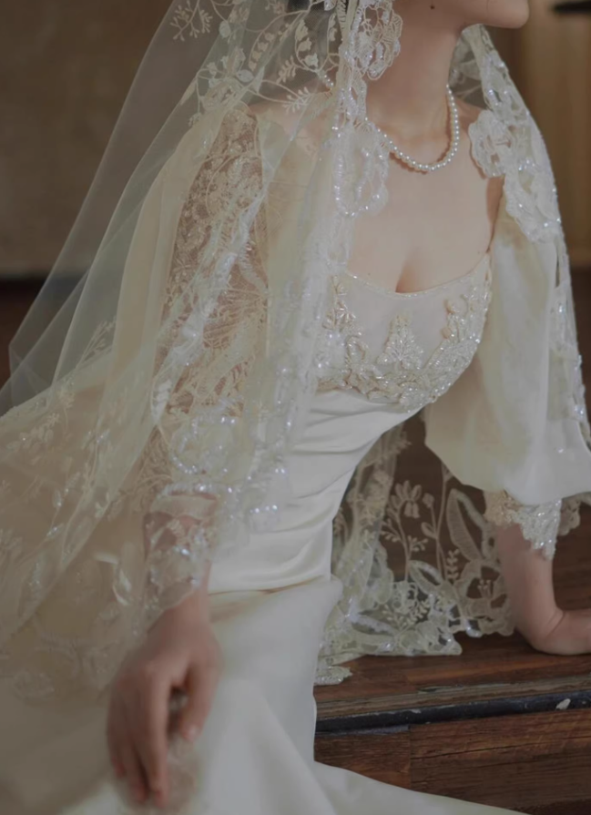 Vintage A Line Long Sleeve White Beaded Satin Long Wedding Dress SH5038