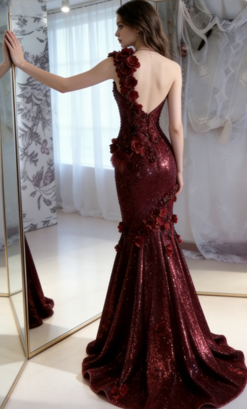Shiny Burgundy Mermaid Halter Appliques Ruffle Sequin Long Prom Dress SH5426