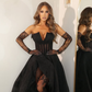 Sexy Black A Line Strapless Corset Organza Long Prom Dress Evening Dress with Slit SH6543
