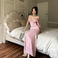 Simple Mermaid Spaghetti Strap Pink Satin Backless Party Dress Evening Dress SH3351