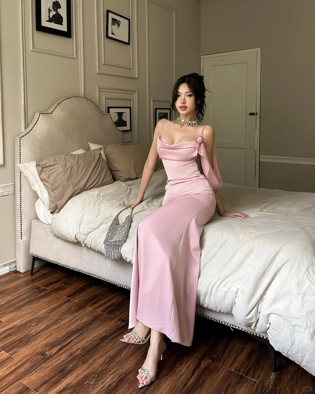 Simple Mermaid Spaghetti Strap Pink Satin Backless Party Dress Evening Dress SH3351