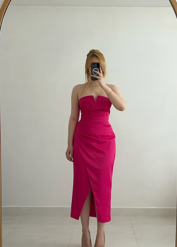 Sweety Hot Pink Sheath Strapless Satin Prom Dress Evening Dress SH6878